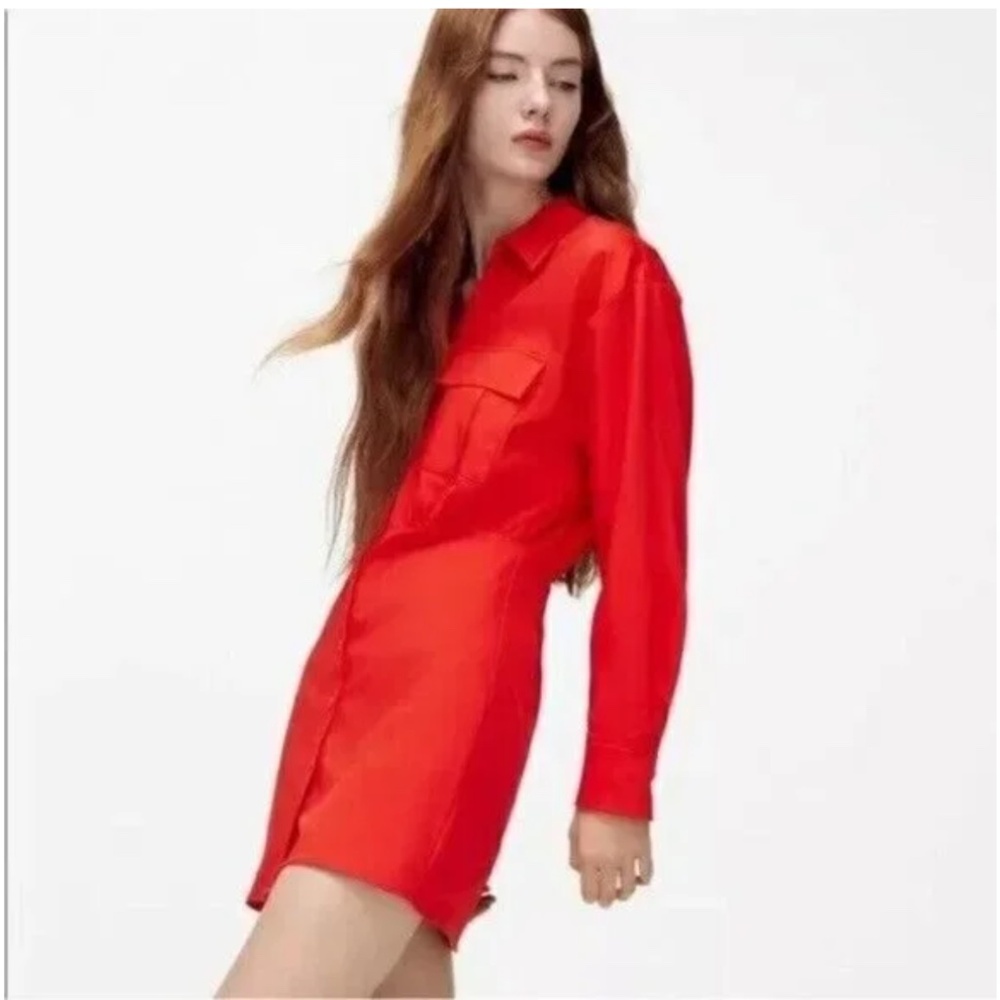 Zara cotton poplin red shirt dress mini
